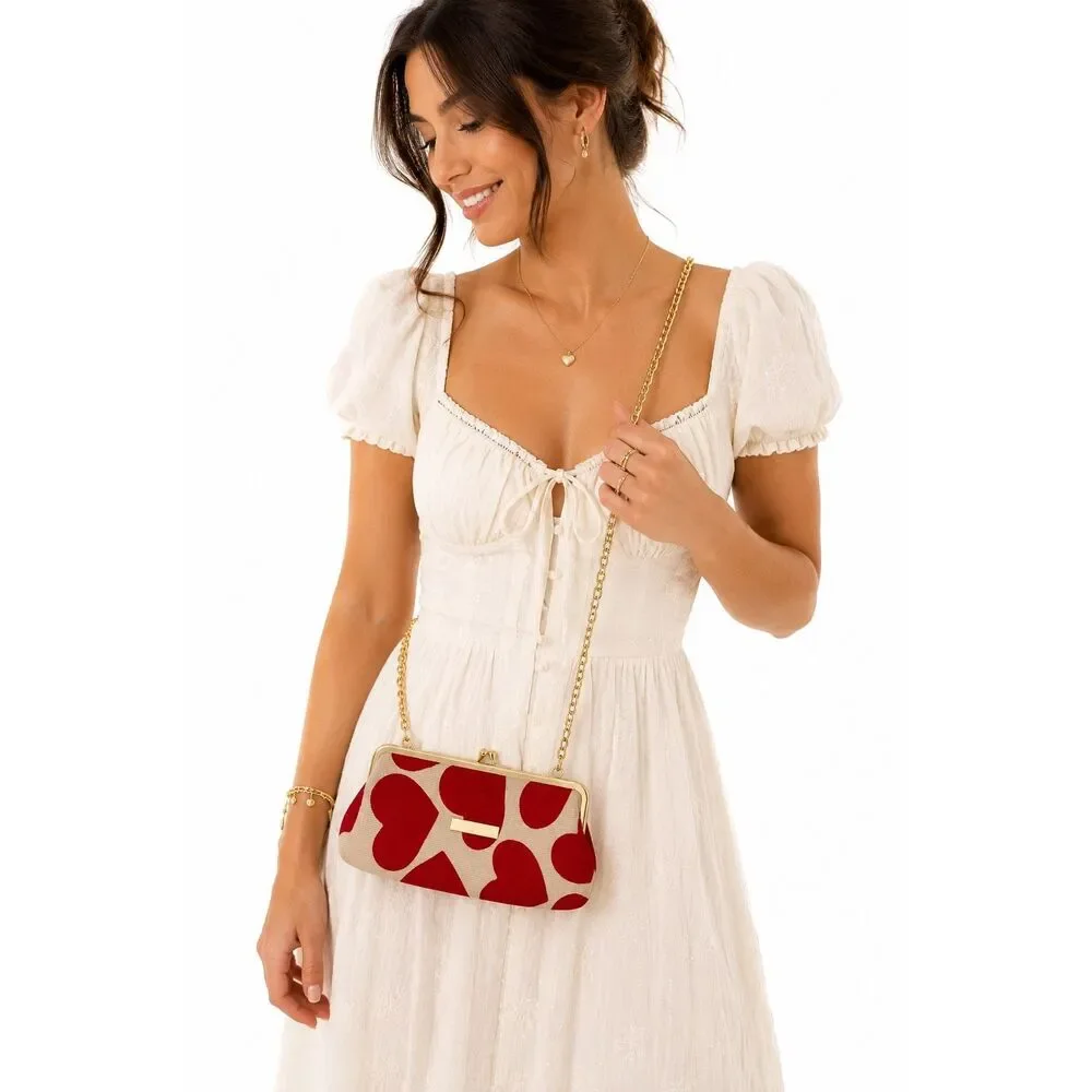 Heart Print Kiss Lock Clutch Crossbody Bag Red Cream Gold Chain Canvas Romantic